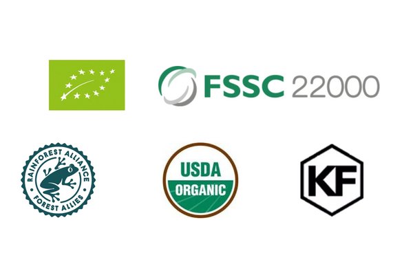 Logos of tea certifications including FSSC 22000, Rainforest Alliance, USDA Organic, and Kosher (KF)