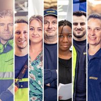 Collage of different employees from various departments, each shown in vertical sections.