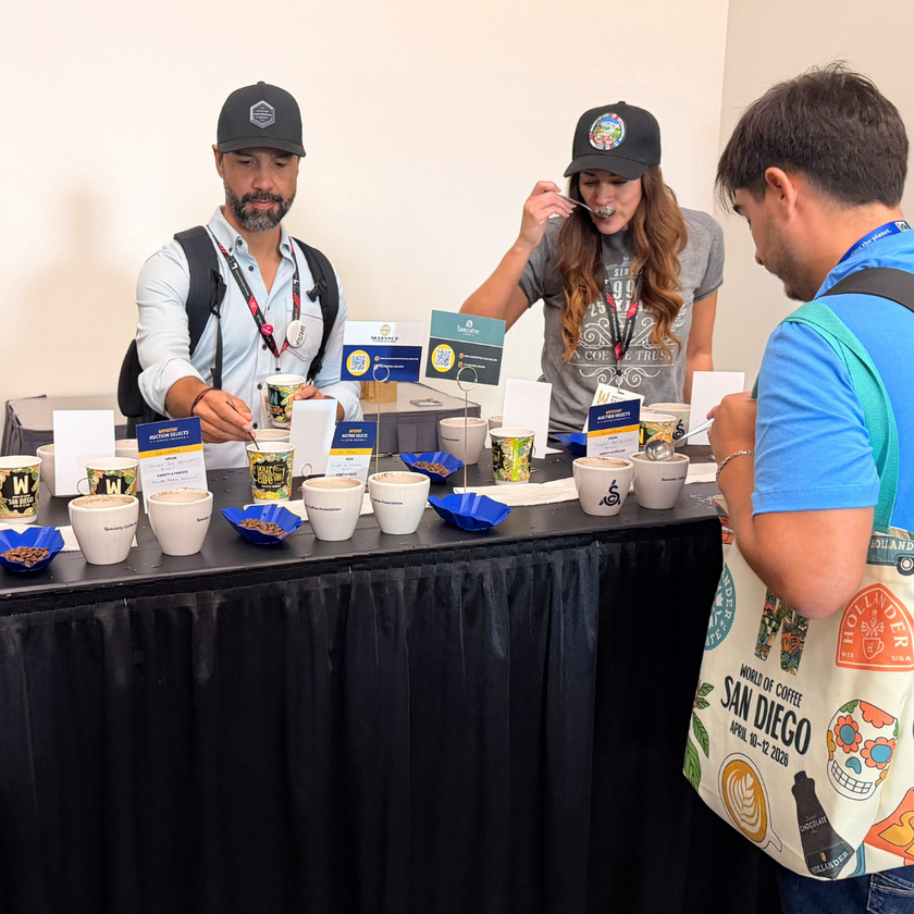 Teilnehmende bei der Verkostung von Kaffees während des V-Auction Selects Cuppings auf der World of Coffee San Diego.