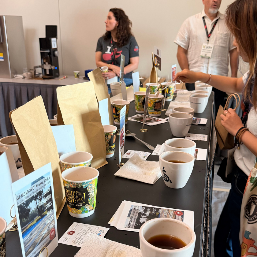 Teilnehmende beim Cupping und Vergleich verschiedener Kaffees während der V-Auction Selects Session auf der World of Coffee San Diego.